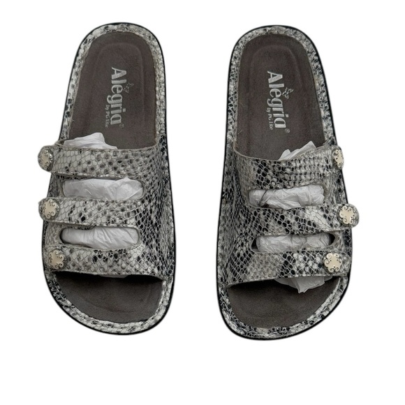 Alegria Lite Women Fio Slide Snake Skin Black Gray Leather Sandals Size 37 - Picture 11 of 11